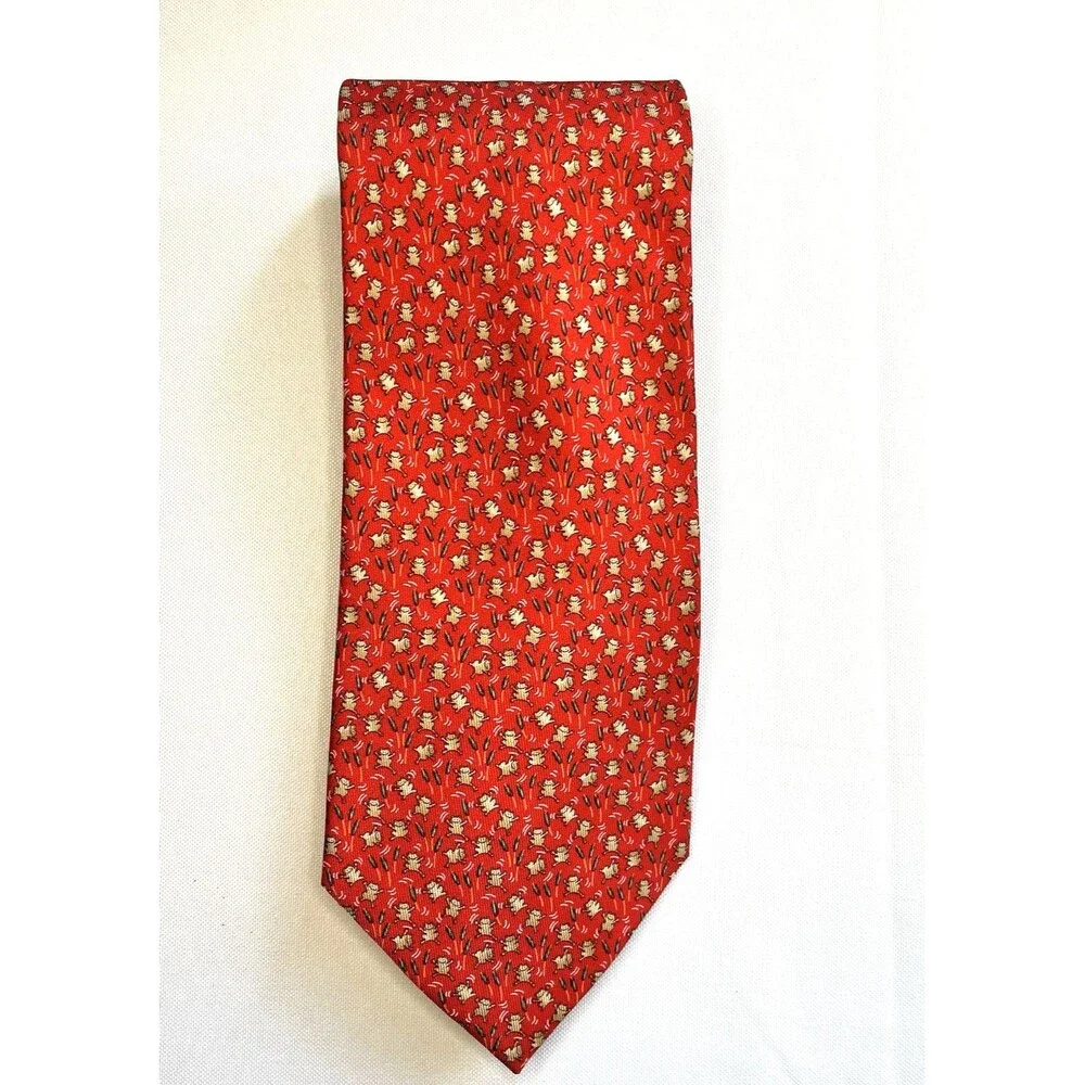 Salvatore Ferragamo Men's 100% Silk Tie Frogs with Willows Red
